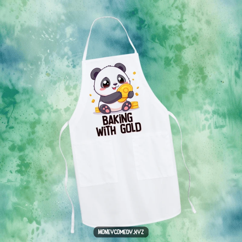 Funny Panda Fortune Apron showing a chubby panda with wide eyes holding giant gold coins, perfect for a lucky kitchen.