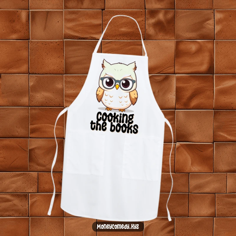 Funny Owl Investor Apron depicting a curious owl in spectacles looking at a rising stock graph, perfect for a wise kitchen.