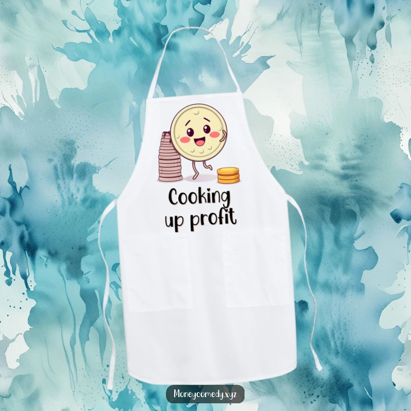 Funny apron showing a smiling coin with legs dancing happily near a stack of coins while cooking.