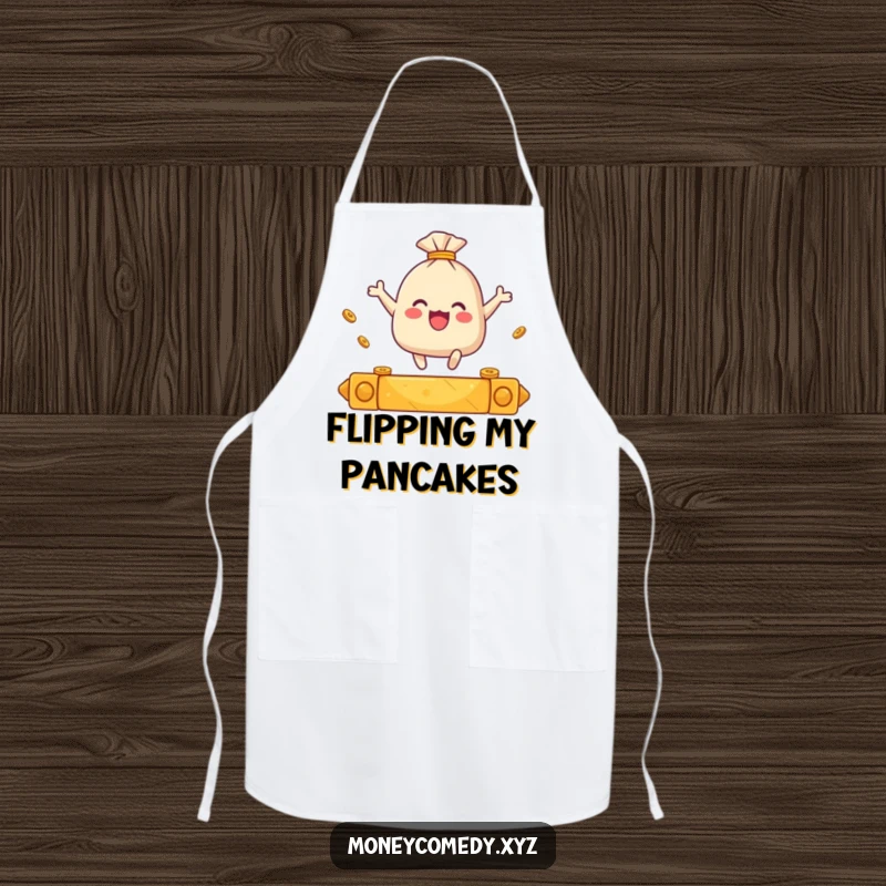 Funny apron showing a small sack of coins joyfully leaping over a golden bar.