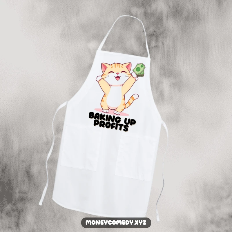 Funny Cat Money Apron depicting a playful cat smiling as it bats at dangling bills, perfect for a fun kitchen.