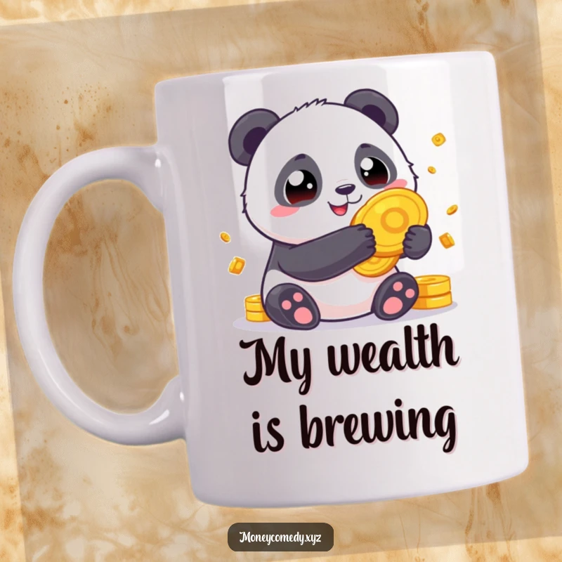Funny Panda Fortune Mug showing a chubby panda with wide happy eyes holding giant gold coins, symbolizing wealth and happiness.