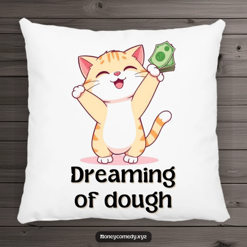 Funny Cat Money Pillow showing a playful cat smiling while batting at dangling bills, offering comfort and humor.
