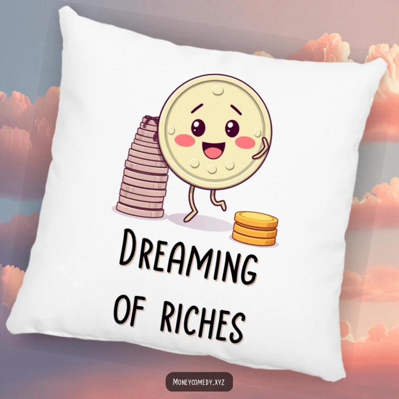 Funny pillow with a smiling coin doing a jig, perfect for adding humor to a living space.