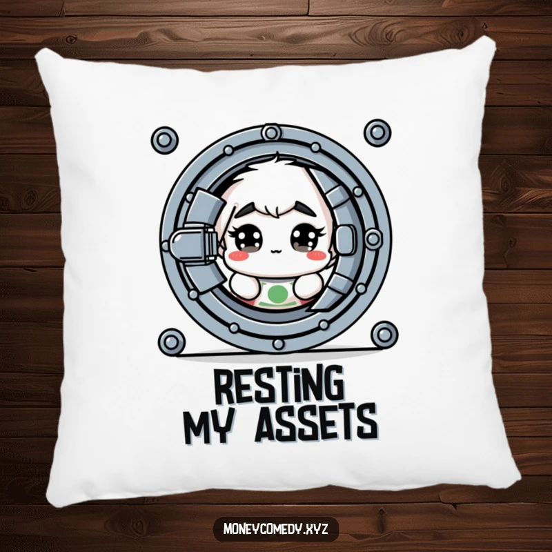 Funny pillow with a shy dollar bill peeking from behind a vault, cute and humorous.