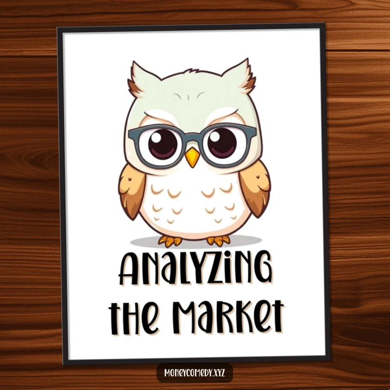 Funny Owl Investor Digital Art Print of a curious owl in spectacles looking at a rising stock graph, perfect for smart decor.