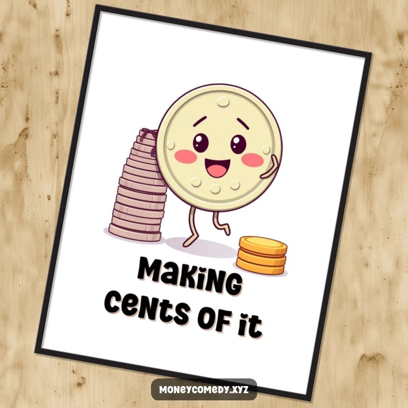 Funny digital art print of a smiling coin with small legs performing a lively jig.