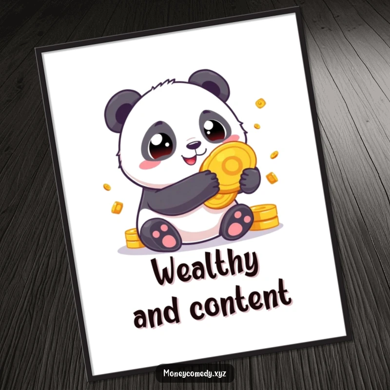 Funny Panda Fortune Digital Art Print of a chubby panda holding giant gold coins, perfect for lucky and happy decor.