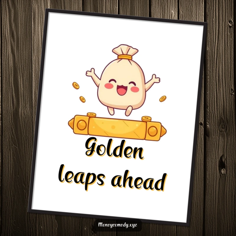 Funny digital art print of a small sack of coins joyfully leaping over a golden bar.