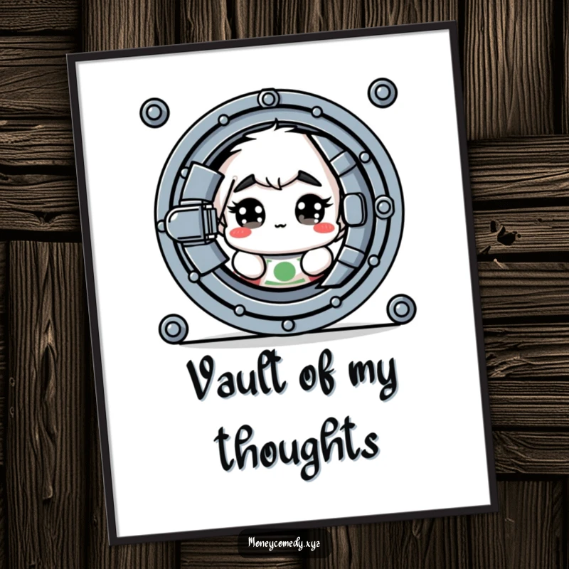 Funny digital art print of a shy dollar bill with wide eyes peeking from behind a vault.