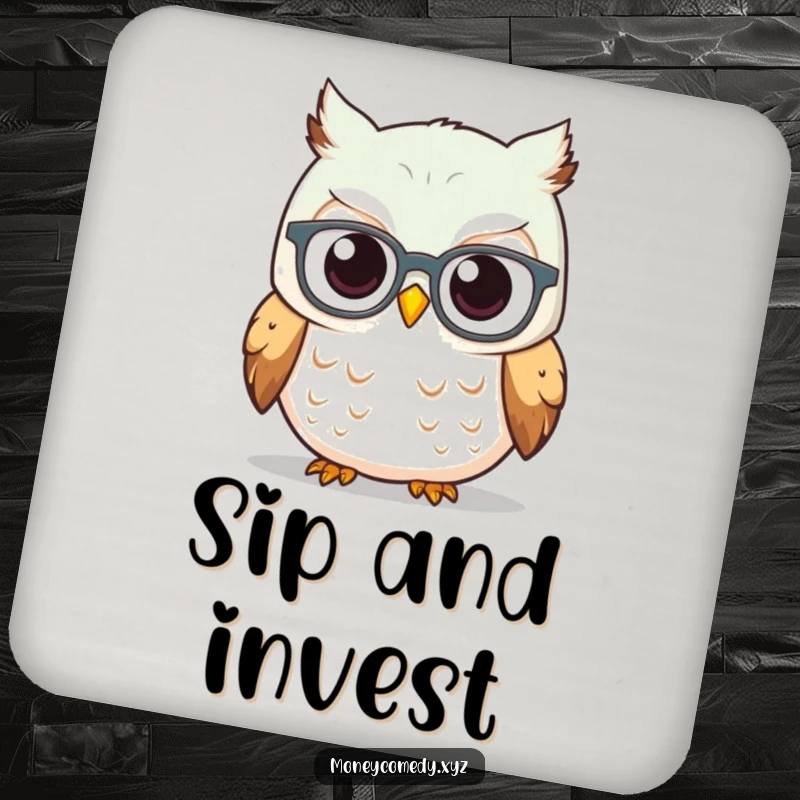 Funny Owl Investor Coaster showing a curious owl wearing spectacles looking at a rising stock graph, protecting surfaces with wisdom.