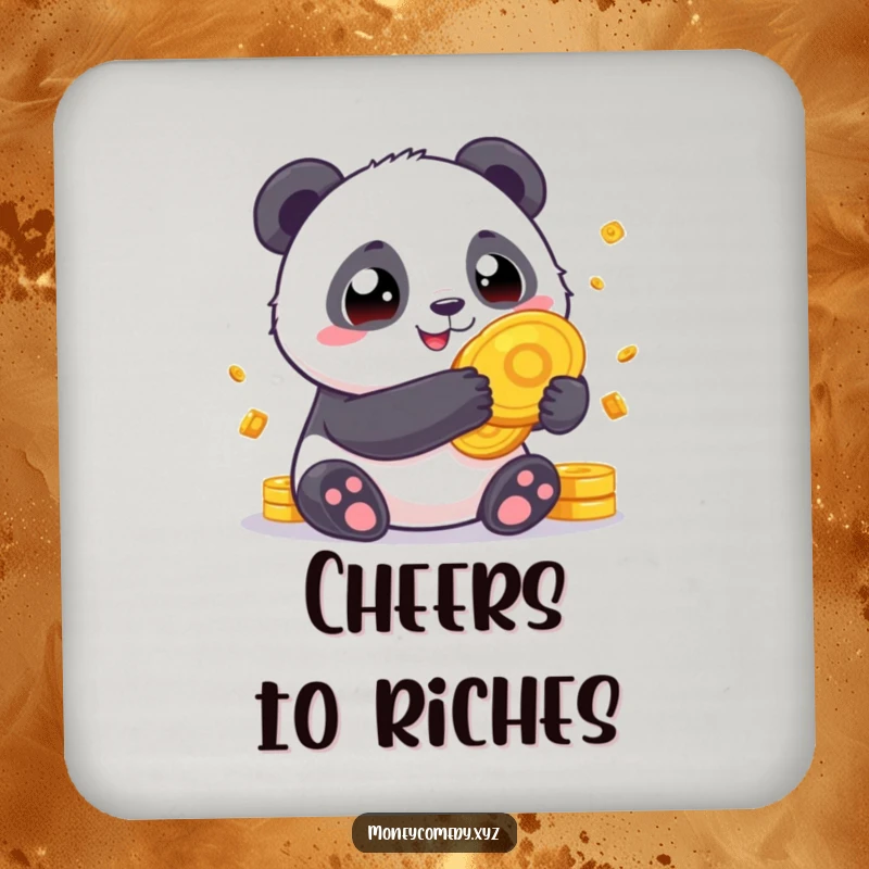 Funny Panda Fortune Coaster showing a chubby panda holding giant gold coins, protecting surfaces with charm and luck.