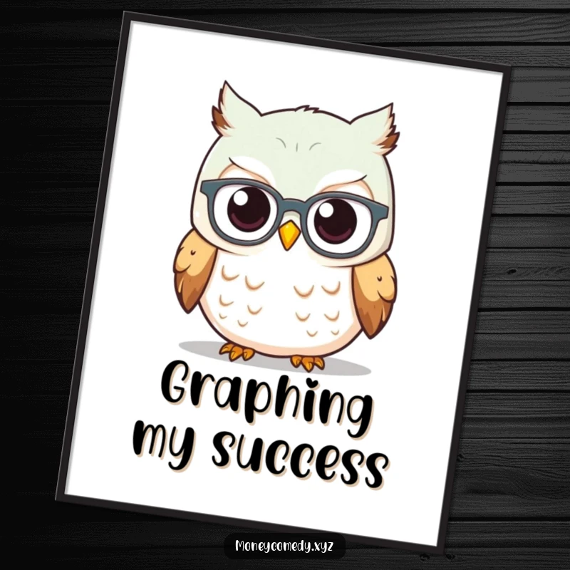 Funny Owl Investor Poster depicting a curious owl in spectacles looking at a rising stock graph, perfect for smart decor.