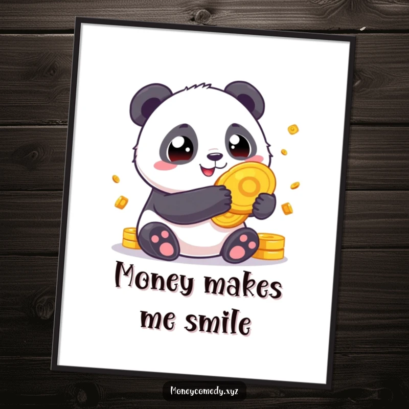 Funny Panda Fortune Poster showcasing a chubby panda with wide eyes holding giant gold coins, a symbol of prosperity.