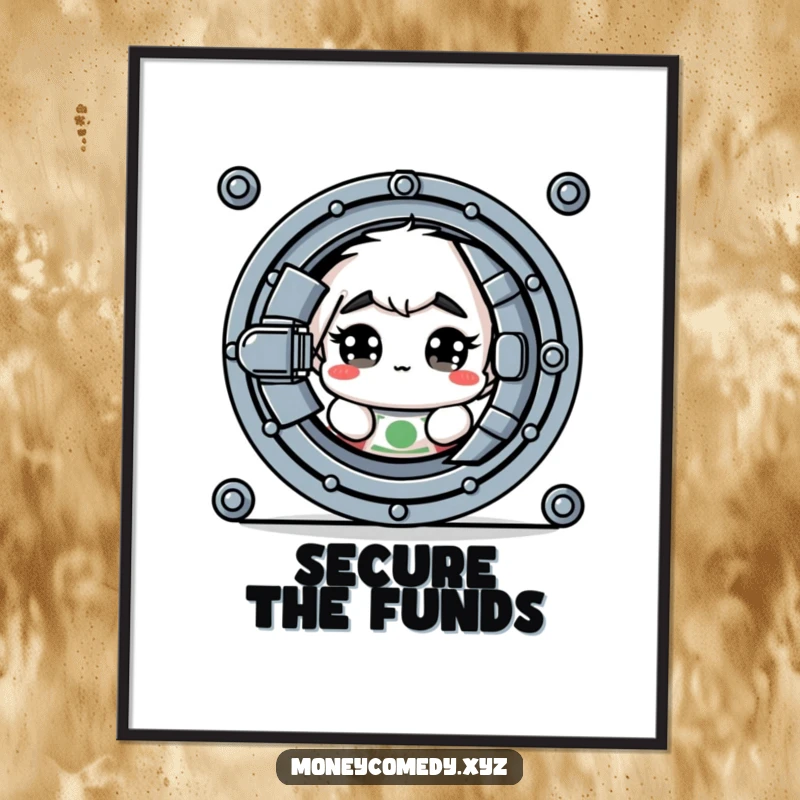 Funny poster showing a shy dollar bill with big eyes peeking cautiously from behind a vault door.