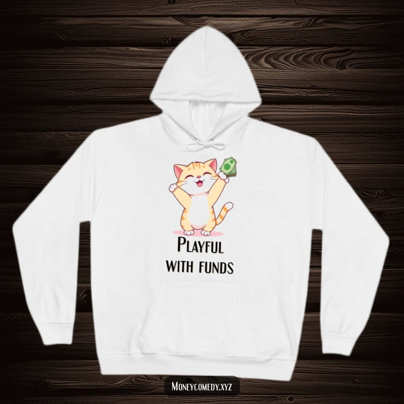 Funny Cat Money Hoodie depicting a playful cat smiling as it bats at bills, offering warmth and humorous financial dreams.