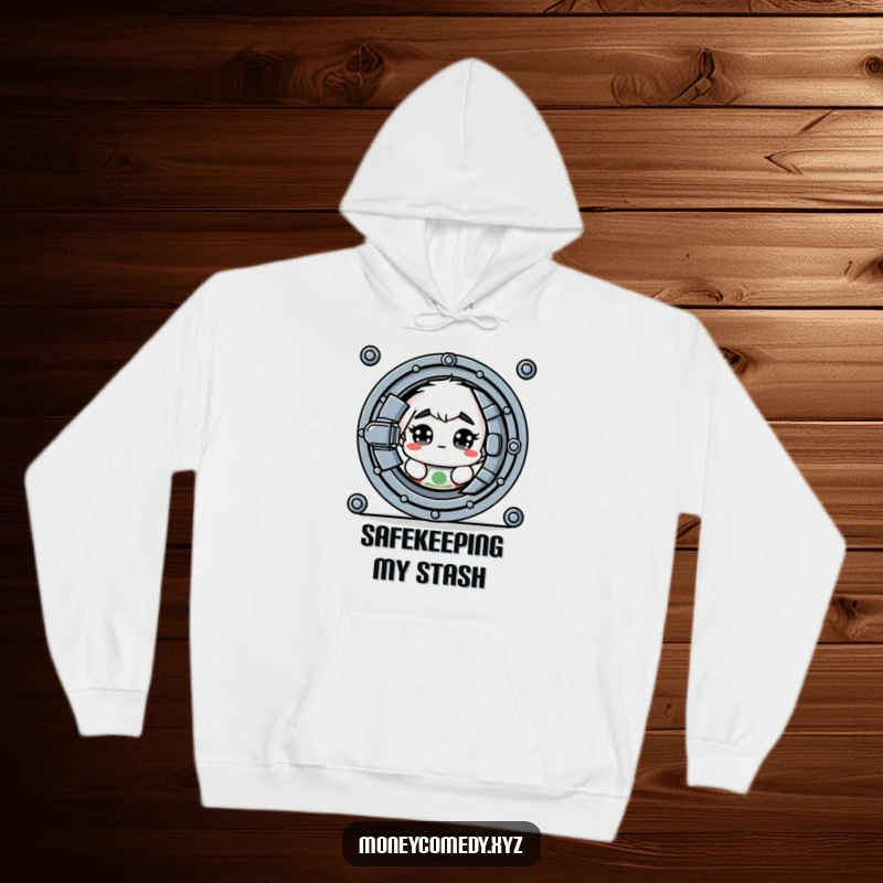 Funny hoodie displaying a shy dollar bill with wide eyes peeking out from behind a vault.