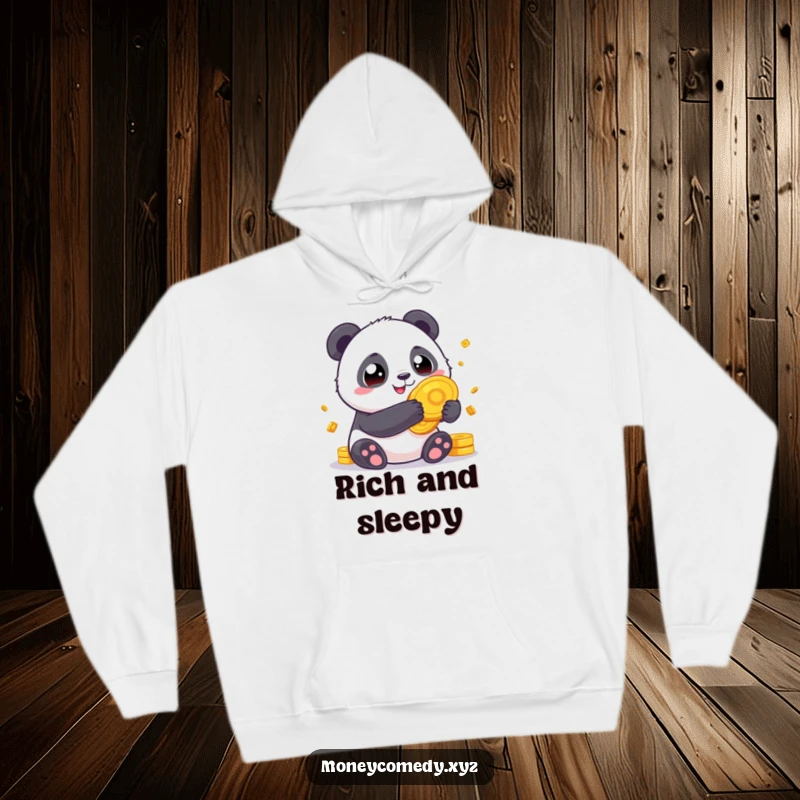 Funny Panda Fortune Hoodie featuring a chubby panda with wide eyes clutching gold coins, a symbol of warmth and wealth.