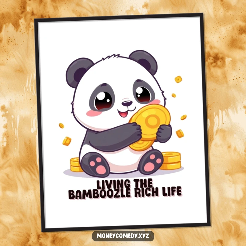 Funny Free Printable Wall Art: Chubby panda with wide eyes joyfully holds enormous gold coins, symbolizing fortune.