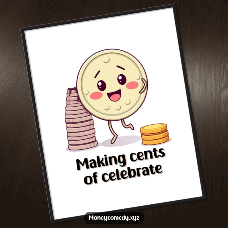 Funny Free Printable Wall Art: An ecstatic cartoon coin with tiny legs dances joyfully beside a stack of wealth.