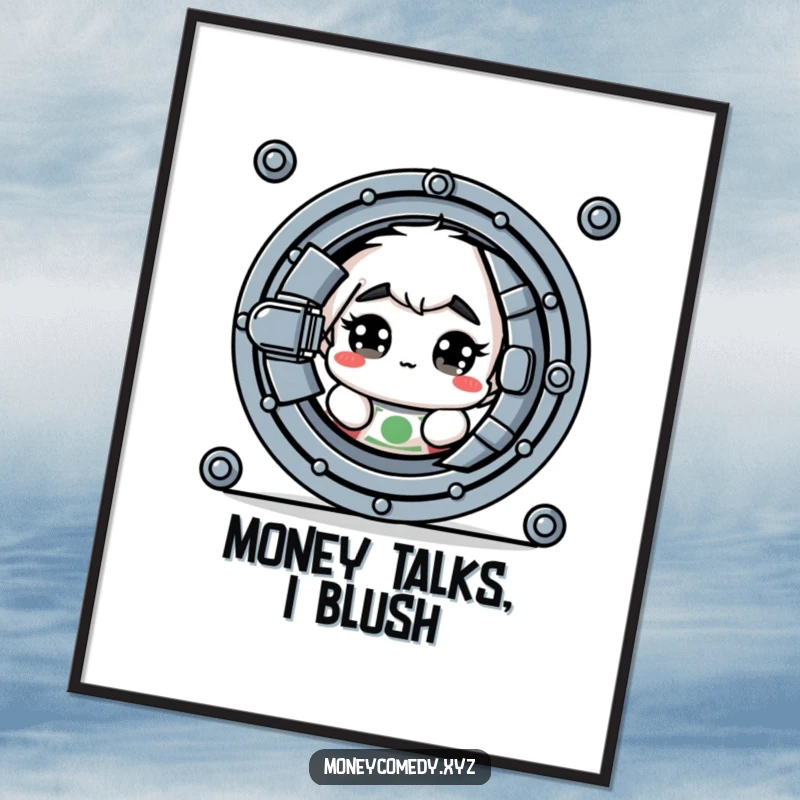 Funny Free Printable Wall Art: A bashful dollar bill with enormous eyes peeks out from behind a sturdy vault door.