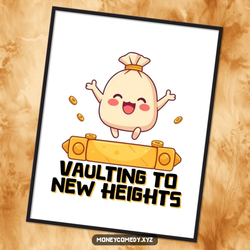 Funny Free Printable Wall Art: A small sack overflowing with coins joyfully leaps high over a polished golden bar.