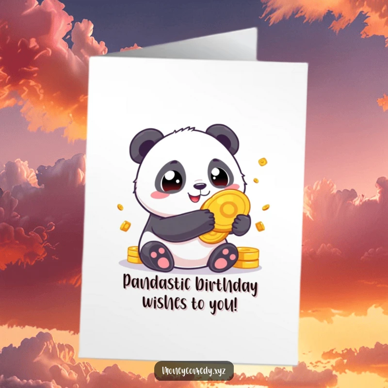Funny Free Printable Birthday Card: Chubby panda with wide eyes holds giant gold coins, wishing a lucky birthday.