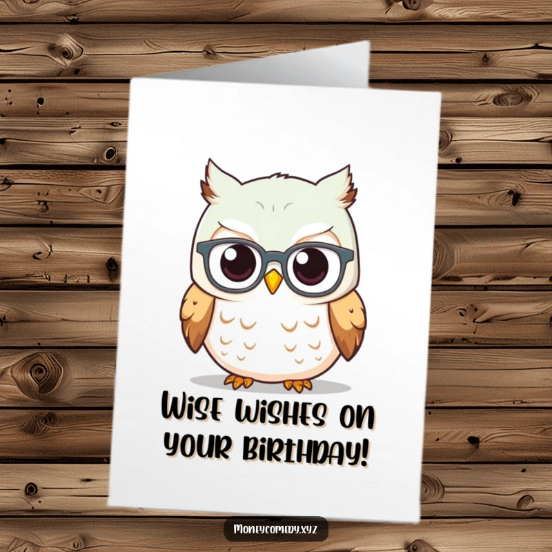 Funny Free Printable Birthday Card: Curious owl in spectacles studies a rising graph, wishing a successful birthday.