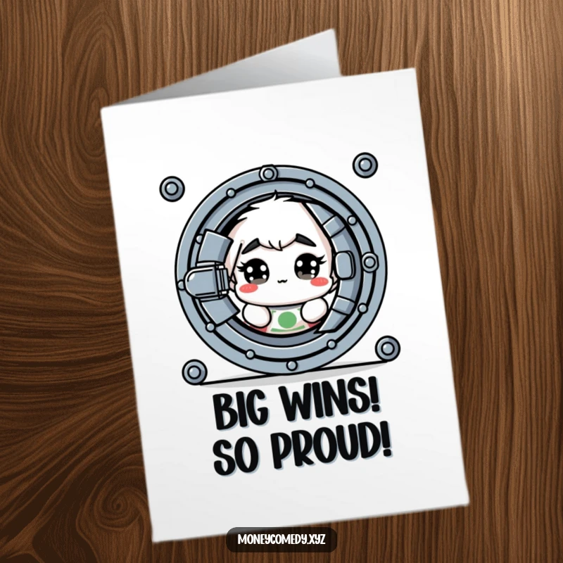 Funny Free Printable Congratulations Card: A timid dollar bill with huge eyes peeks out from the shadow of a strong vault door.