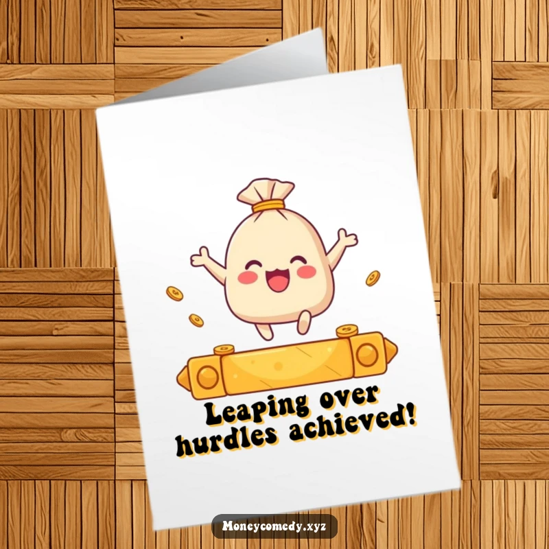 Funny Free Printable Congratulations Card: A happy sack of coins joyously leaps over a gleaming golden bar in celebration.