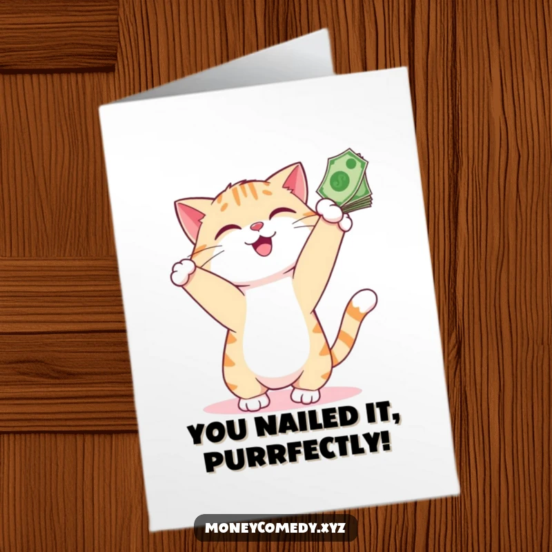 Funny Free Printable Congratulations Card: Smiling cat plays with dangling bills, celebrating financial success with joy.