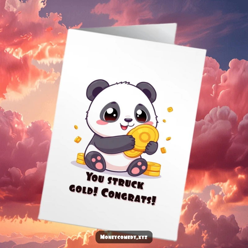 Funny Free Printable Congratulations Card: Chubby panda holding massive gold coins expresses joyful congratulations for success.