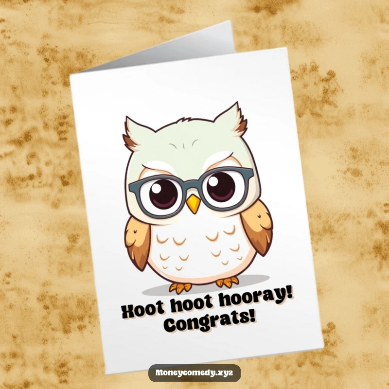 Funny Free Printable Congratulations Card: Owl wearing spectacles observes a rising graph, celebrating smart success.