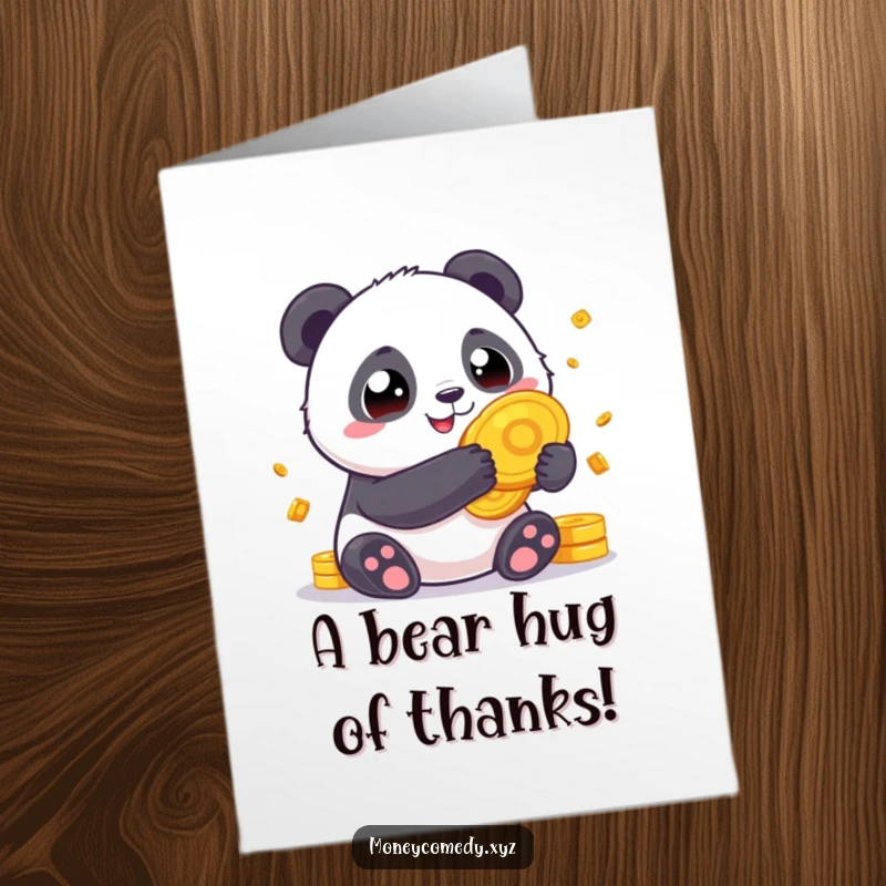 Funny Free Printable Thank You Card: Generous panda holding giant gold coins offers a thankful donation.