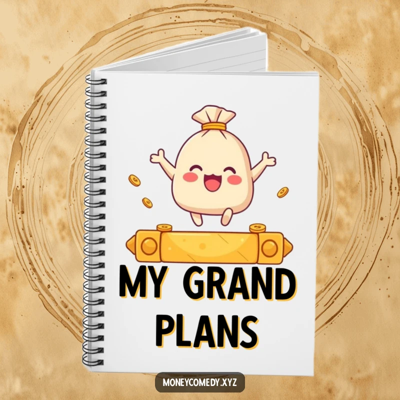 Funny notebook cover with a small sack of coins leaping over a golden bar.