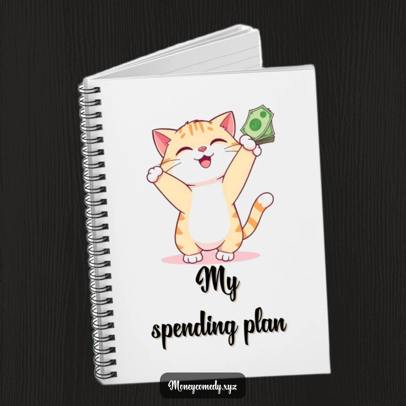 Funny Cat Money Notebook with a playful cat smiling as it bats at dangling bills, ideal for jotting down funny thoughts.