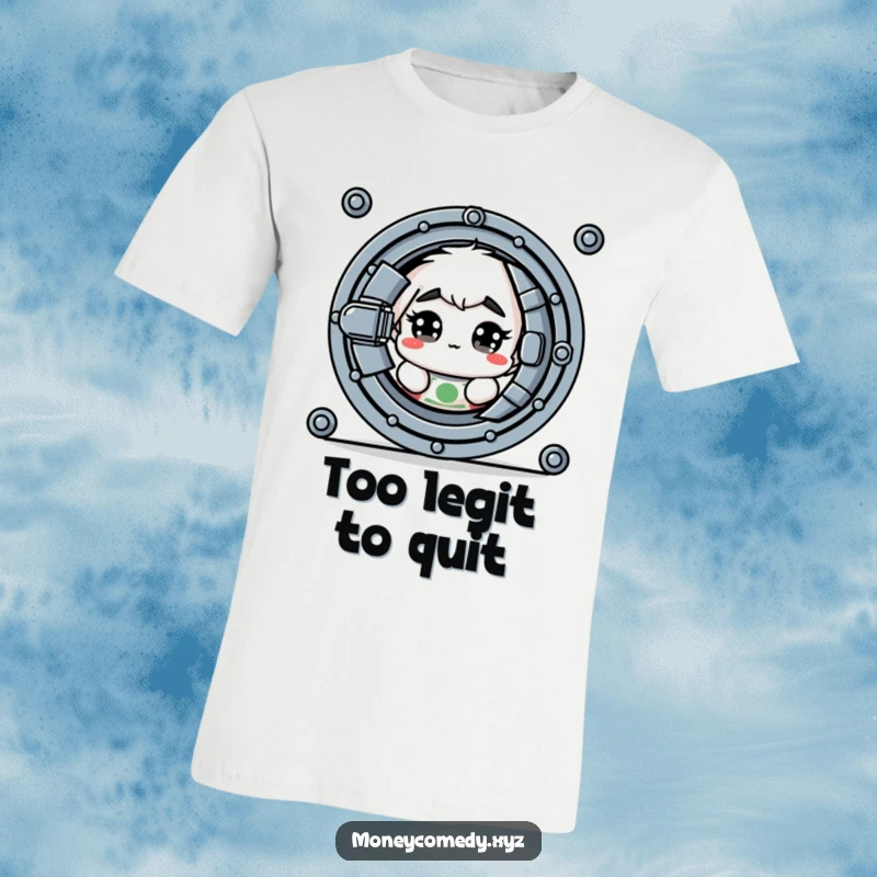 Funny t-shirt with a shy dollar bill cautiously peeking from behind a vault door with big eyes.