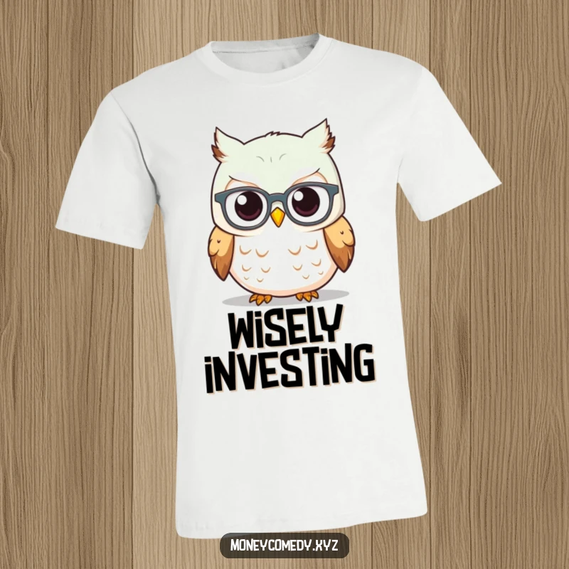 Funny Owl Investor T-Shirt with a curious owl wearing spectacles, intently watching a rising stock graph, humorous finance gear.
