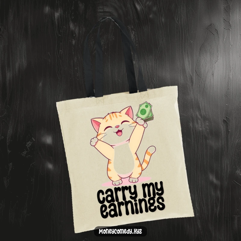 Funny Cat Money Tote Bag showing a playful cat smiling while batting at dangling bills, a humorous and practical accessory.
