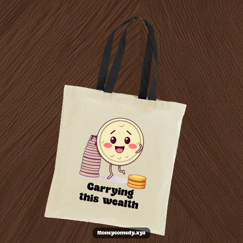 Funny tote bag with a smiling coin dancing merrily next to a stack of coins, great for shoppers.