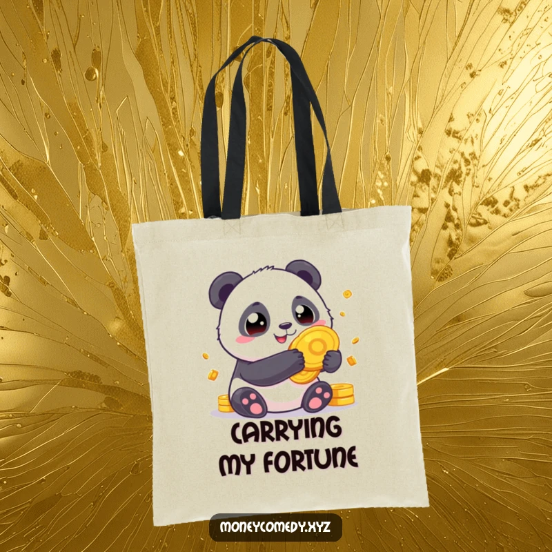 Funny Panda Fortune Tote Bag with a chubby panda happily holding giant gold coins, ideal for carrying essentials with luck.